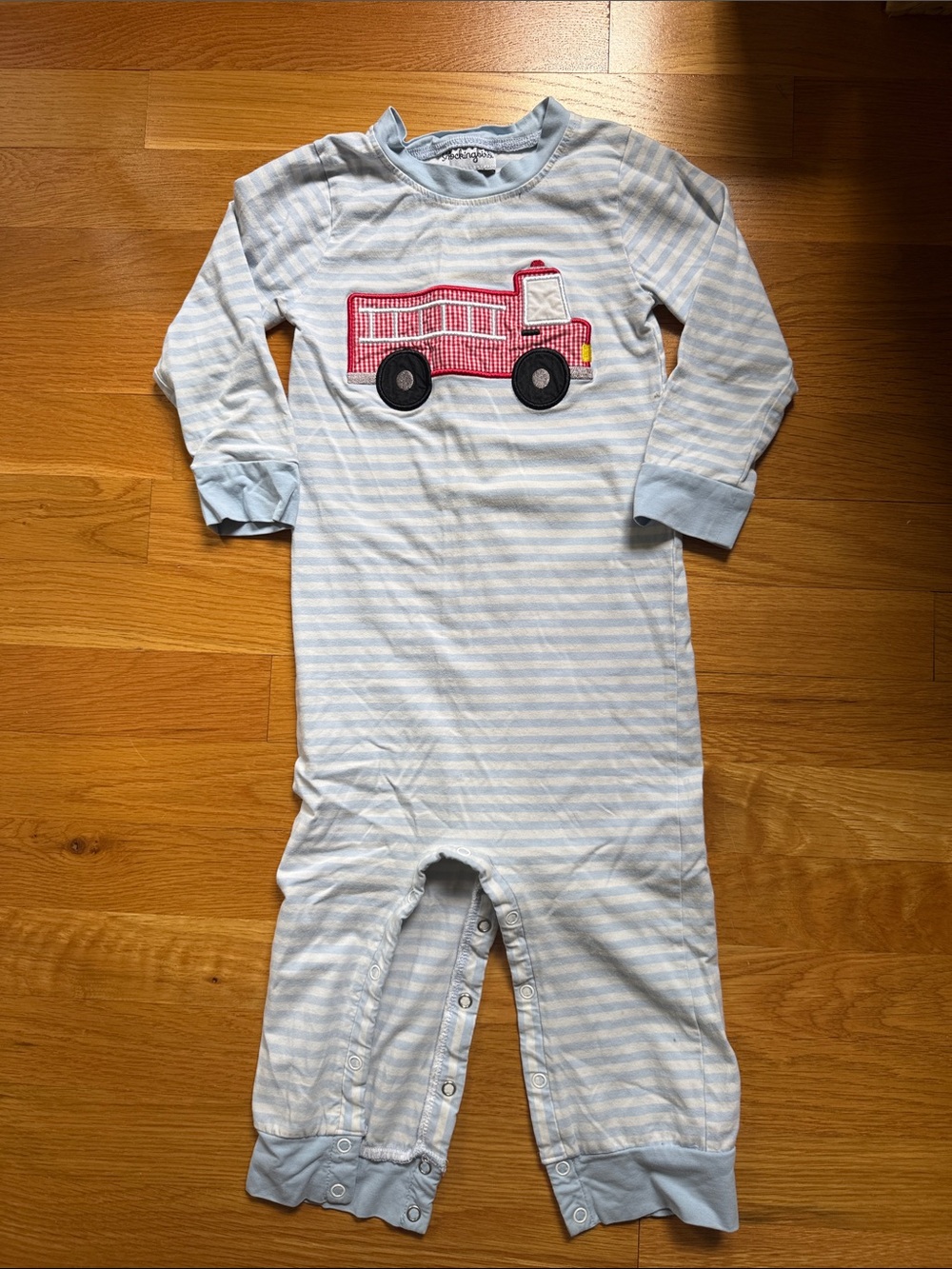 Smockingbird Blue Stripe Fire Truck Pajama Onesie size 3T